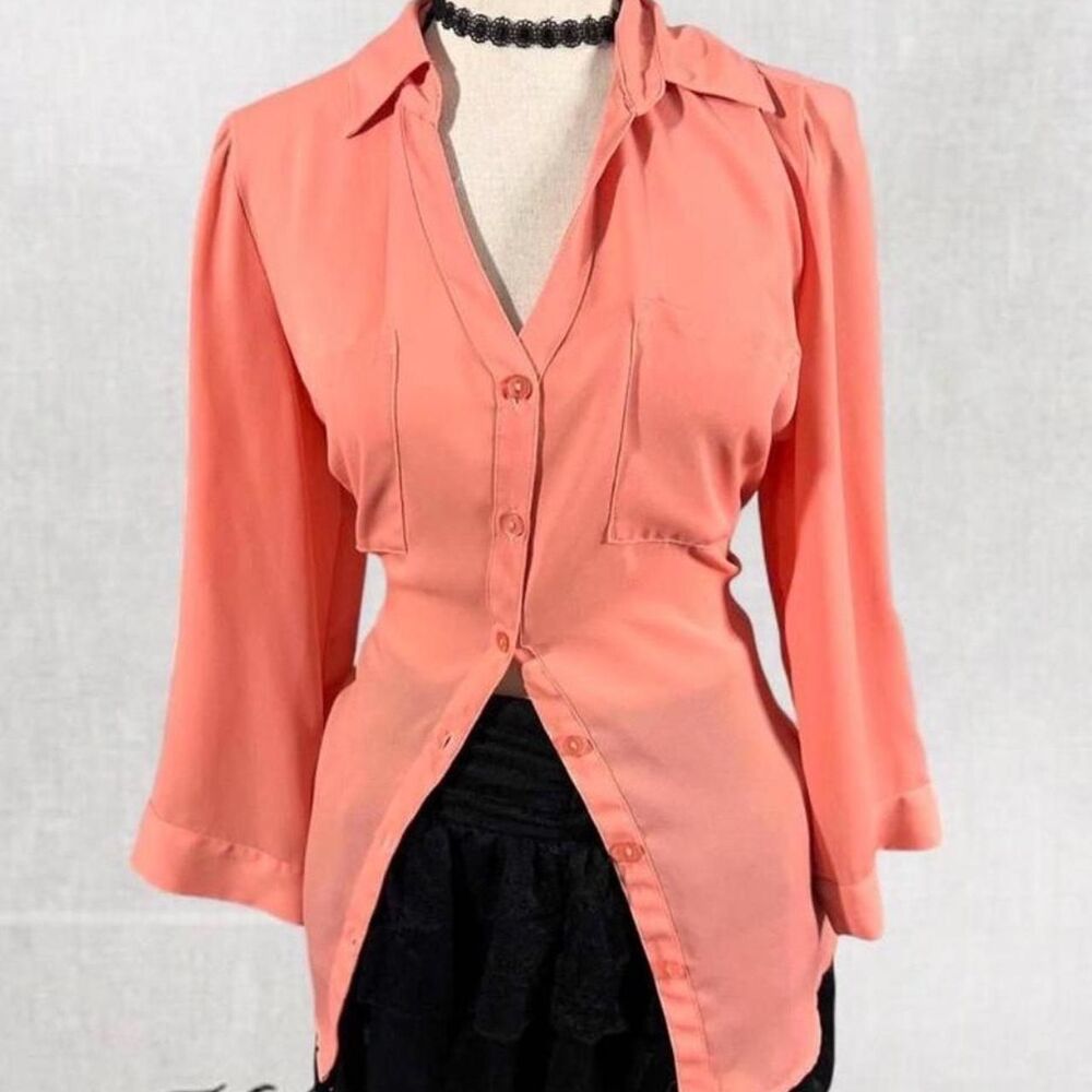 Feminine Chic Office Pink Coquette Button Up Long Sleeve Blouse